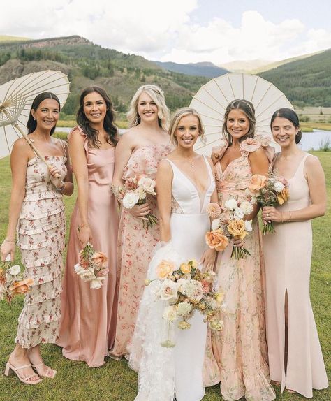 Pink Bridesmaid Palette, Floral Bridesmaid Dresses Mismatched Color Palettes, Mismatched Peach Bridesmaid Dresses, Mismatched Bridesmaid Dresses Spring, Wildflower Bridesmaid Dresses, Spring Wedding Bridesmaids Dresses, Pink Mismatched Bridesmaid Dresses, Floral Bridesmaid Dresses Mismatched, Wedding Entourage Gowns