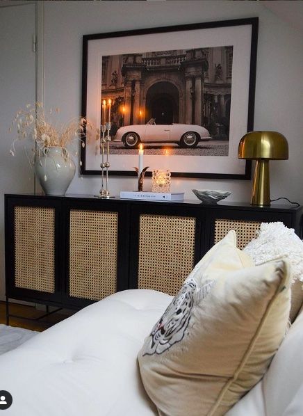 Kallax Rattan Hack, Black Rattan Entertainment Unit, Rattan Black Furniture, Boho Ikea Hacks, Ikea Rattan, Ratan Furniture, Rattan Furniture Decor, Cabinet Hacks, Rattan Living Room