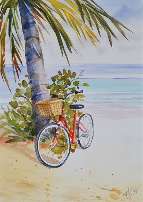 red bicycle at the beach watercolor painting Dog Watercolor Painting, Red Bicycle, Watercolor Scenery, Tree Watercolor Painting, Bicycle Painting, Minimalist Watercolor, Cruiser Bicycle, Watercolor Paintings For Beginners, Scenery Paintings