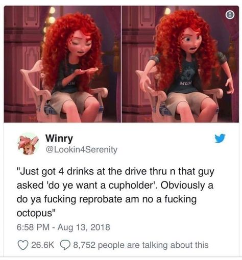 Twitter Users Turn This Incoherent Scene Of Merida Into A Meme - CheezCake - Parenting | Relationships | Food | Lifestyle Disney Influencer, Scottish Tweets, Disney Scenes, Funny Car Memes, A Meme, Drive Thru, Food Lifestyle, Disney Memes, Disney Funny