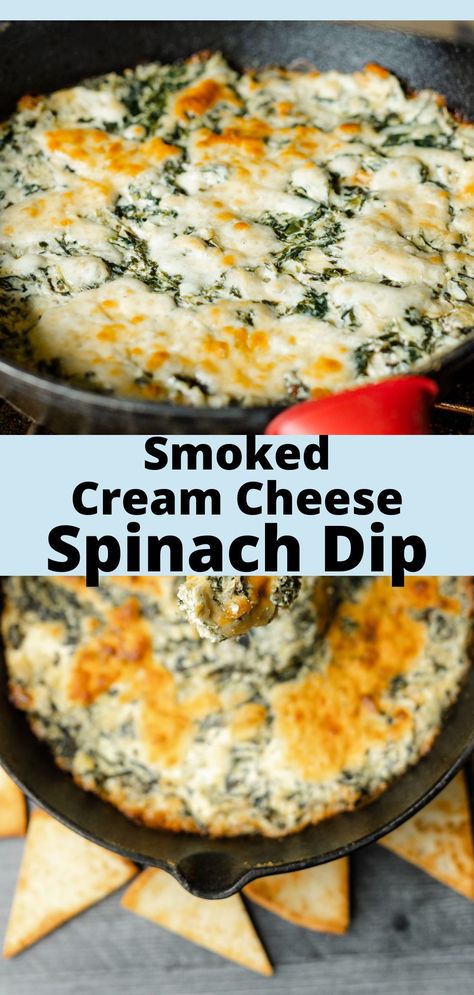 A cast iron pan with smoked cream cheese spinach dip that has been cooked on a Recteq pellet smoker along with a side of pita chips. Spinach Artichoke Cheese Dip, Smoked Spinach Dip, Smoked Spinach Artichoke Dip, Ranch Spinach Dip 12 Tomatoes, Smoked Dip Ideas, Smoked Dips Appetizer, Smoked Cream Cheese Dip, Smoked Dip Recipe, Smoked Cheese Dip