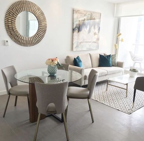 Small Living Room Dinning Room Ideas, Small Living Room And Dinning Room, Boho Inspired Apartment, Small Dining Table In Living Room Ideas, Dinner Tables Ideas, Apartment Living Room Dining Room Combo, Small Dining Area Ideas Modern, Grey Dining Room Decor, Tiny Living Room Dining Room Combo