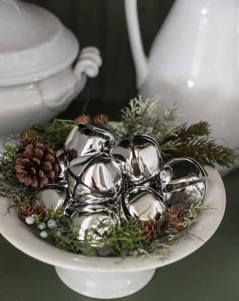 Transitional Christmas Decor Ideas, Decorating With Bells For Christmas, Silver Bells Christmas Decorating Ideas, Transitional Christmas, Silver Christmas Decor, Sleigh Decor, Dinner Tablescape, Silver Bells Christmas, Yule Celebration