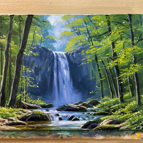 Original Artwork by John Rowell Correa (Correa Art) * 8" x 10" Acrylic on canvas * FREE SHIPPING * NOTE: Colors may vary slightly based from what is shown on a computer screen Correa Art, Drawing Borders, Beautiful Landscape Paintings, Painting Forest, Scotland Landscape, Waterfall Pictures, Bridge Painting, Forest Waterfall, Waterfall Art