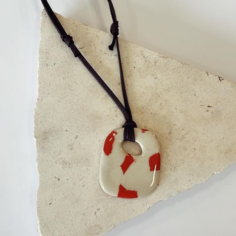 New - Ceramic Necklaces / Adjustable #handmade Ceramic Bead Necklace, Ceramic Necklace Pendant, Clay Necklace Ideas, Ceramic Necklaces, Pottery Idea, Ceramica Ideas, Pottery Necklace, Pottery Jewelry, Ceramic Jewellery