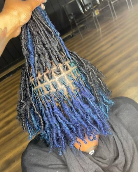 Blue Dyed Locs Black Women, Colors To Dye Your Locs Black Women, Black And Blue Dreads, Loc Inspo Black Women Color, Blue Peekaboo Locs, Navy Blue Locs, Locs Peekaboo Color, Black And Blue Locs, Skunk Stripe Dread Locs