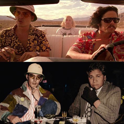 (Top) Johnny Depp and Benicio Del Toro as Roaul Duke and Dr. Gonzo in Fear and Loathing in Las Vegas. (Bottom) The actual Hunter S. Thompson and Oscar Zeta Acosta in Las Vegas sometime in the 70s. Benicio Del Toro Fear And Loathing, Fear And Loathing In Las Vegas, Hunter S Thompson, Hunter S, Fear And Loathing, Moving Pictures, The 70s, Anti Social, Poetry Books