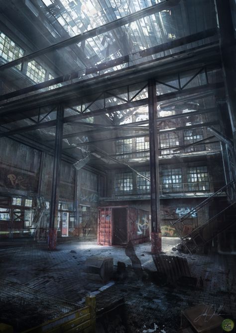 abandoned warehouse concept art Abandoned Warehouse, Apocalypse Aesthetic, Urban Exploring, Bg Design, Industrial Building, Have Inspiration, Post Apocalypse, Environment Design, Abandoned Buildings