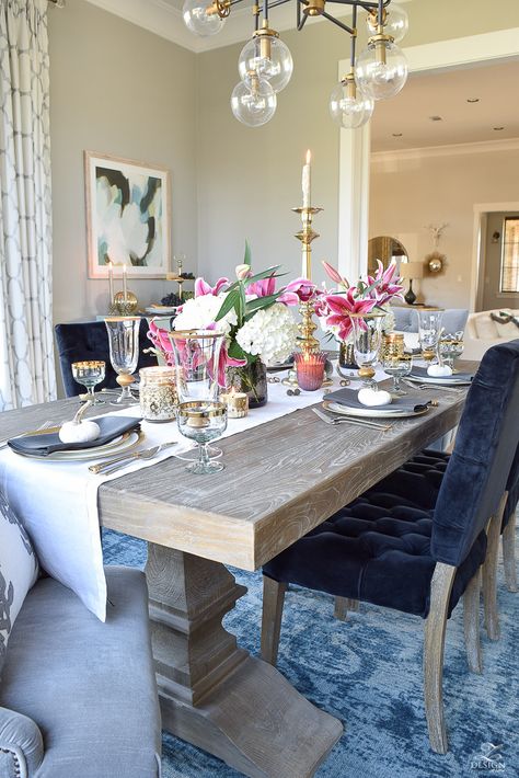 thanksgiving-table-scape-black-velvet-chairs-vintage-inspired-blue-rug-kravet-riad-curtains-gray-washed-dining-table-white-hydrangeas-plum-lillies-6 White Dining Room Table, Elegant Thanksgiving Table, French Farmhouse Dining Table, Elegant Thanksgiving, Dream Dining Room, Grey Dining Tables, Black Dining Room Chairs, Blue Dining Chair, French Country Dining