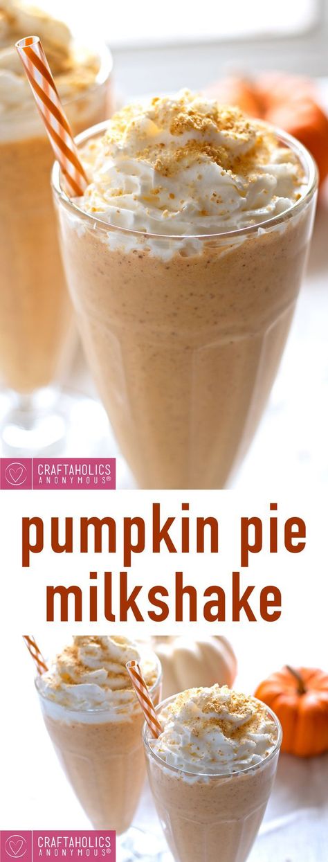 Amazing Pumpkin Pie Milkshake - Yummy fall treat full of flavor and deliciousness! http://www.craftaholicsanonymous.net/pumpkin-pie-milkshake #recipe #dessert Pumpkin Shake Recipe, Pumpkin Spice Shake, Pumpkin Spice Milkshake, Pumpkin Pie Shake, Pumpkin Milkshake, Pie Milkshake, Colada Drinks, Fall Sweets, Resep Smoothie