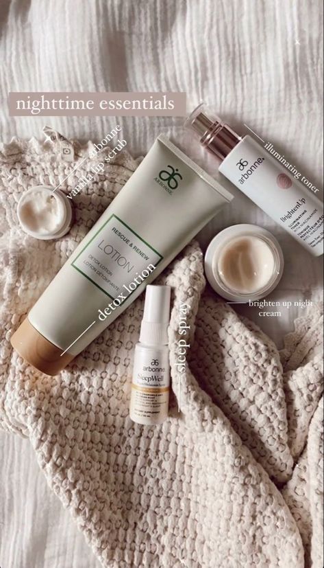 Detox lotion, sleep spray , brightening up night cream, comma vanilla lit bomb scrub, illuminating toner illuminating toner. Arbonne Instagram Story, Arbonne Logo, Sleep Lotion, Arbonne Marketing, Arbonne Products, Arbonne Nutrition, Arbonne Consultant, Arbonne Makeup, Arbonne Business