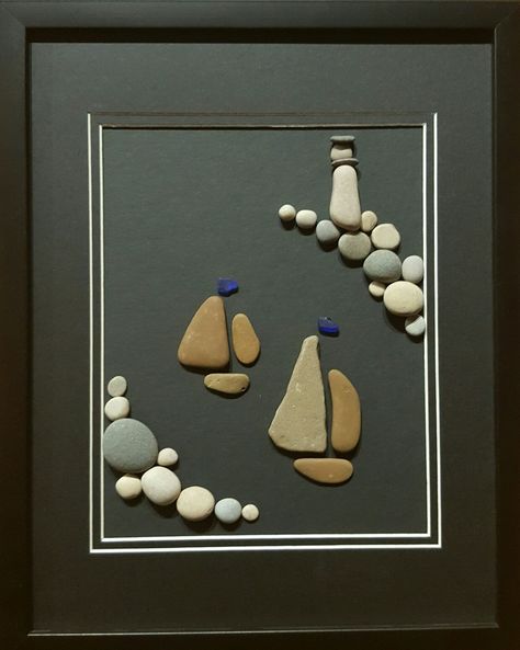 Boats on a moonlit bay. 11 " x 14" pebble art by Sarah Hillman. All pebbles and glass collected on the shores of Lake Michigan. Pebble Art Ideas Diy, Caillou Roche, Pebble Art Family, Art Pierre, Art Night, Beach Glass Art, Rock And Pebbles, Pebble Pictures, Sea Glass Crafts