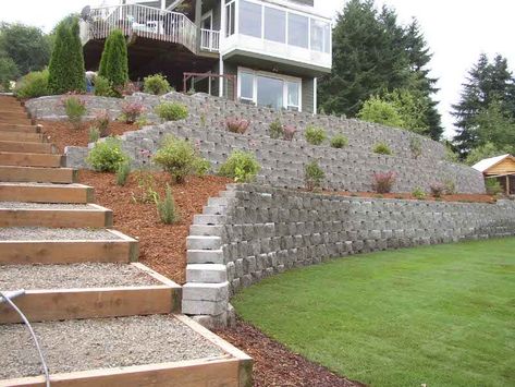 Steep Hillside Landscaping, Backyard Hill Landscaping, Retaining Wall Ideas, Backyard Retaining Walls, Sloped Backyard Landscaping, Garden Landscaping Diy, Landscaping A Slope, Landscaping On A Hill, Sloped Backyard