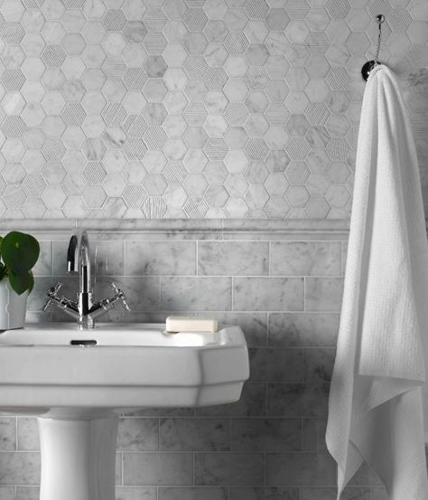 Carrara Polished Marble Moldura 46x305mm | Verona Group Carrara Bathroom, Nordic Inspiration, Black Mosaic, Hexagon Mosaic Tile, Pub Design, Dado Rail, Suite Bathroom, Victorian Bathroom, The Great