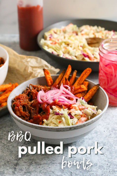 You're going to love how easy this semi-homemade summer meal can be! Use pre-cooked pulled pork or leftover pulled pork in these delicious bowls, paired with creamy coleslaw, crispy sweet potato fries, and tangy pickles. Add your favorite BBQ sauce and enjoy! #pulledporkbowls #BBQbowls #pulledpork Pulled Pork Sweet Potato Bowl, Pulled Pork Dishes Ideas, Pulled Pork Bowls, Pulled Pork Bowl, Bowls With Sweet Potato, Pulled Pork Dishes, Delicious Bowls, Pork Bowls, Pork Ideas