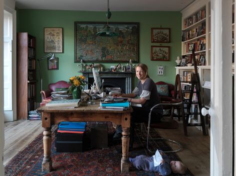 TARA DILLARD Desk Middle Of Room, Cabbages, A Desk, Studio Space, Modern Life, House Inspiration, Creative Space, Bookshelves, Office Desk