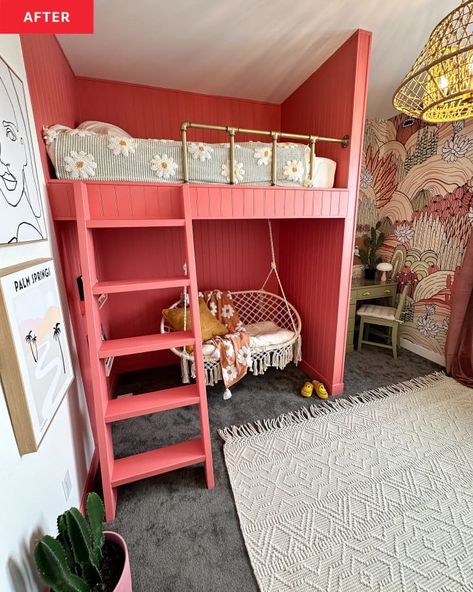 The Pink Loft Bed in This Kid's Room Makeover Is a Must-See | Apartment Therapy Diy Loft Bed Built Into Wall, Tiny Bedroom Loft Bed, Diy Built In Loft Bed, Built In Loft Beds For Teens, Girl Loft Bed Ideas, Loft Bed Girls Room Ideas, Girls Room Loft Bed, Kid Bedroom Storage, Girls Bedroom Loft Bed