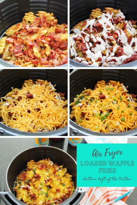 Air Fryer Loaded Waffle Fries are loaded with bacon, ranch dressing, green onions, and sharp cheddar cheese.  These waffle fries are easy to make and delicious! #airfryer #fries #foodandbeerpairing #easysnacks #airfyerfries #loadedwafflefries #bacon #ranch #easymeals #airfryerrecipes Bacon Cheese Fries Air Fryer, Air Fryer Loaded Fries, Air Fryer Cheese Fries, Cheese Fries Air Fryer, Airfryer Fries, Loaded Waffle Fries, Airfryer Potatoes, Crescent Roll Breakfast Recipes, Crockpot Recipes Beef Stew