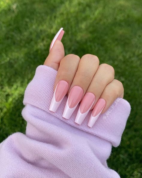 nailsbyjenni on Instagram: “pink french tip in sculpted long coffin💕 •Dm for custom orders 💕 #pinknails #pinkfrenchtip #nails #nailsofinstagram #nailsoftheday…” Coffin Nails Pink French Tip, Light Pink French Tip Nails Ballerina, Light Pink Base French Nails, Xl Pink French Tips, Pink Frnch Tip, Pink French Nails, Nail Art Stickers Decals, Daisy Nails, Casual Nails