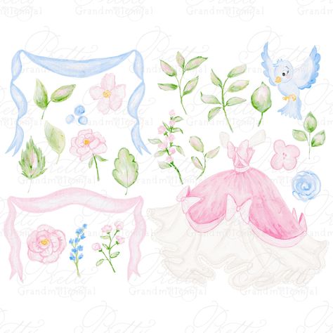 Cinderella Balloon Garland, Cinderella Birds, Watercolor Cinderella, Cinderella Illustration, Cinderella Clipart, Cinderella Design, Watercolor Flowers Clipart, Cinderella Aesthetic, Princess Clipart