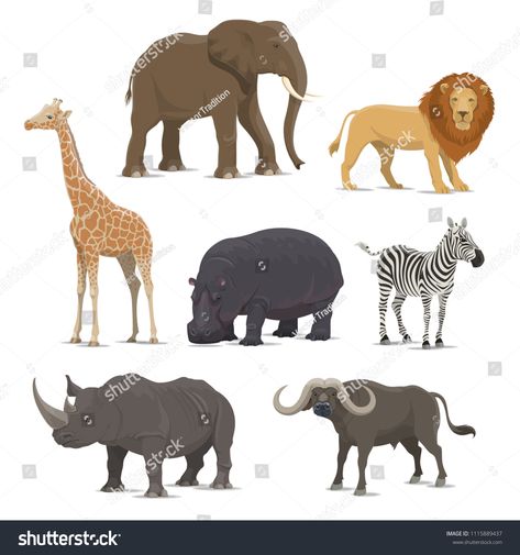 African animal cartoon icon set with wild savanna mammal. Elephant, lion and giraffe, rhino, hippo, zebra and buffalo animal for zoo, safari hunting and Africa wildlife themes designmammal#savanna#Elephant#giraffe Water Animals Art, Animal Coverings, Wild Animals Vector, Buffalo Animal, Wild Animal Wallpaper, Africa Wildlife, Animal Icon, Animal Groups, Dog Vector