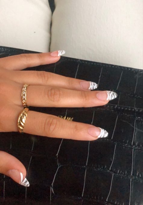 Almond acrylic nails, white french tip zebra nails White Zebra French Tip Nails, Acrylic Nails White French Tip, Almond Acrylic Nails White, White Zebra Nails, Zebra French Tip Nails, Nails White French Tip, Acrylic Nails White, Customized Nails, Nails White French