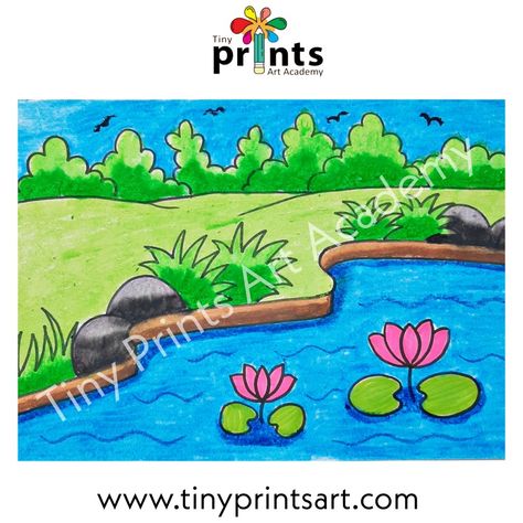 Easy Scenery Drawing for kids,how to draw easy Scenery, Oil Pastels Scenery Drawing Lotus Scenery Drawing, Tiny Prints Art Academy, Easy Scenery Drawing For Kids, Pond Drawing, Class Worksheets, Easy Scenery, Scenery Drawing For Kids, Nursery Drawings, Pencil Colours