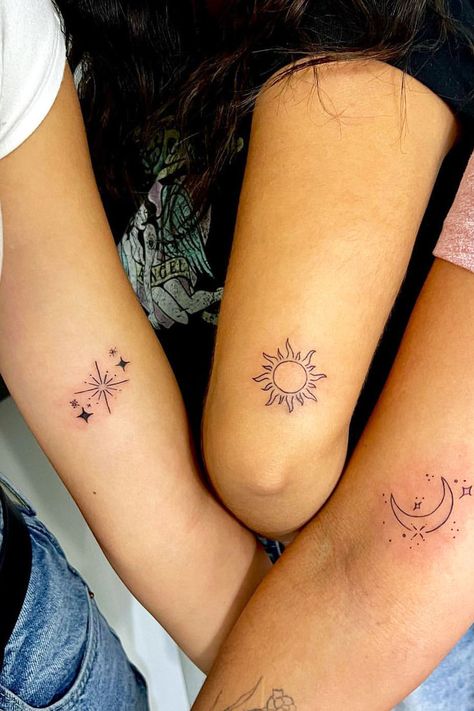 Discover the magic of star tattoo! These celestial ink designs symbolize dreams, hope, and the beauty of the night sky. Whether you prefer a single star or a constellation, star tattoos offer timeless allure and a personal touch to your body art. Find inspiration and create your own constellation of stars on your canvas! #startattoo #startattoodesigns #tattooart Three Sister Tattoos, Best Star Tattoos, Constellation Of Stars, Moon Star Tattoo, Cute Matching Tattoos, Matching Friend Tattoos, Small Girly Tattoos, Bestie Tattoo, Matching Sister Tattoos