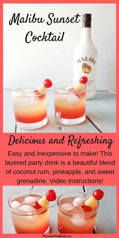 Malibu Sunset Cocktail Recipe, Malibu Sunset Cocktail, Sunset Cocktail Recipe, Coconut Liqueur, Malibu Drinks, Sunset Cocktail, Layered Drinks, Malibu Sunset, Alcholic Drinks