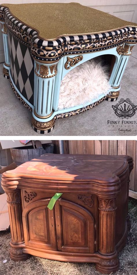 Dog Bed Made From End Table, Cat House Furniture, Dog Beds Made From End Tables, Dog Bed Furniture End Tables, Dog Bed Out Of End Table, Upcycled Pet Furniture, Repurposed Furniture Dog Bed, Dog Bed Night Stand, Diy Dog Bed Furniture