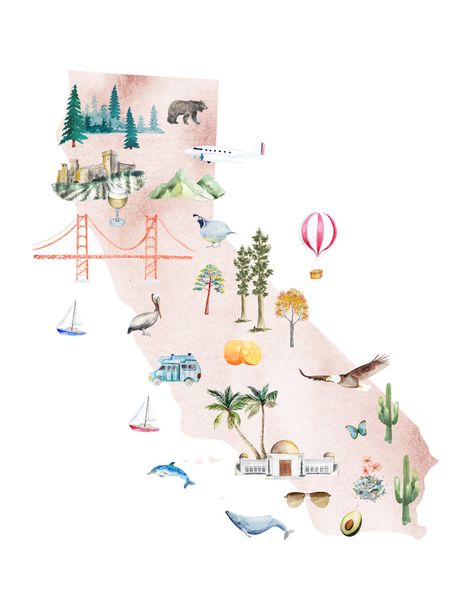 This illustrated watercolor map of the state of California features regional animals, plants, and famous landmarks of the beautiful Golden State. California Watercolor, Philadelphia Travel, Unique Framing, Artfully Walls, Dorm Inspo, Artist Wall, Chocolate Art, California Map, Watercolor Map