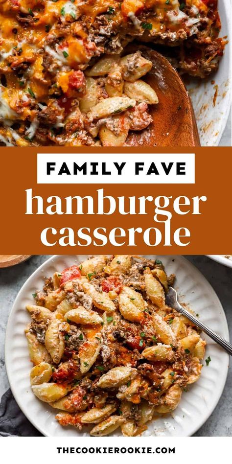 Hamburger Casserole is a mix of ground beef, pasta, cheese, and tons of other tasty ingredients. The whole family will love this easy dinner! Hamburger Pasta Recipes, Easy Hamburger Casserole, Hamburger Casseroles Recipes, Pasta Cheese, Cheap Family Meals, Noodle Casserole Recipes, Ground Beef Casserole Recipes, Ground Beef Pasta, Hamburger Casserole