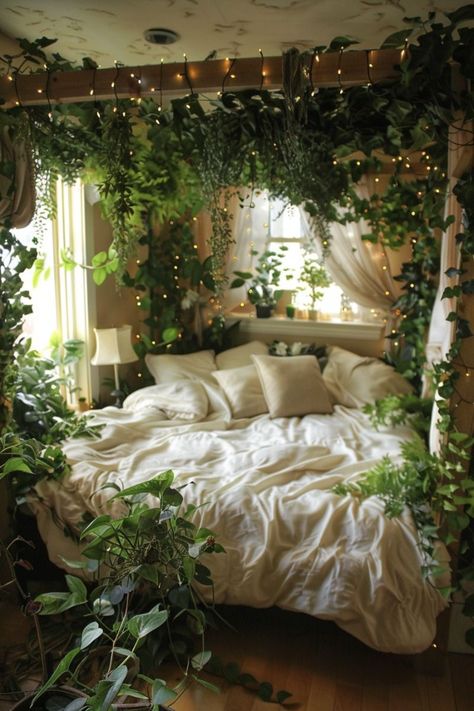 Fairy Inspired Room Bedroom Ideas, Rosemarycore Aesthetic, Canopy Bed Green Room, Earth Witch Bedroom, Forest Aesthetic Bedroom Ideas, Earthy Room Aesthetic Bedroom, Boho Earthy Bedroom Ideas, Forest Room Decor Ideas, Green And White Room Ideas Bedroom