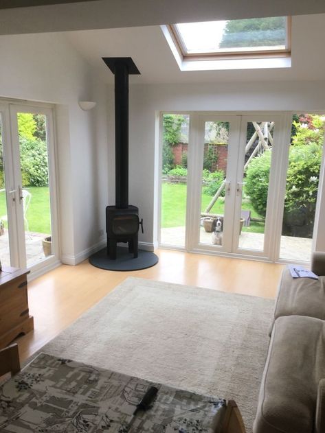 Corner Hearth, Corner Log Burner, Orangery Extension Kitchen, Wood Burning Stoves Living Room, Log Burner Living Room, Orangery Extension, Conservatory Interior, Bungalow Extensions, Single Storey Extension