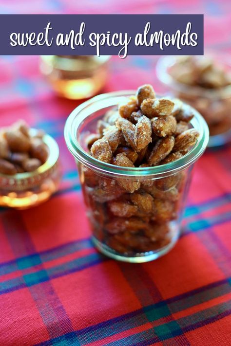 a glass cup of almonds with text overlay. Sweet And Spicy Almonds, Spicy Almonds, Homemade Dips, Snack Mix Recipes, Holiday Snacks, Recipes Appetizers And Snacks, Favorite Appetizers, Roasted Almonds, Perfect Appetizers