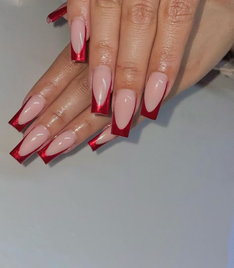 Red French Tip Nails Crome, Metallic Red French Tip Nails, Red Chrome Tips Nails, French Tip Red Chrome, Red Chrome French Tip Nails Square, Red Full Set Nails, Red Chrome Tips, Red Chrome French Nails, Red Valentines Day Nails Acrylic Short