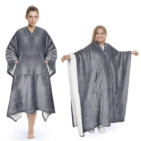 PRICES MAY VARY. The Best Sherpa Wearable Blanket - Tirrinia sherpa poncho blanket let you arms free and walk around outdoor & indoor like walking around the house, perfect for work from home. No awkward sleeves that get in the way and the fact it covers your back as well makes this the best thing. 2-IN-1 Ultra Warm Sherpa Blanket - One side 100% super soft micro plush polyester for soft touch and the other side trick sherpa keep you warm. Machine wash cold, tumble dry separately at low temperat Poncho Blanket, Fleece Poncho, Blanket Poncho, Comfort Gifts, Hooded Poncho, Wearable Blanket, Hooded Blanket, Blanket Gift, Fleece Throw Blanket