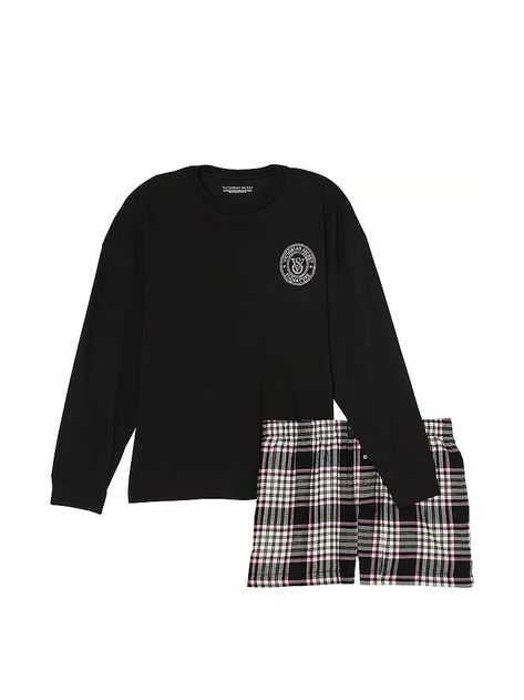 Buy Flannel Long-Sleeve Short Tee-Jama Set - Order Pajamas Sets online 1125372200 - Victoria's Secret US Flannel Shorts, Victoria Secret Black, Lingerie Catalog, Pajamas Sets, Black Set, Comfy Cozy, Victoria Secret, Cotton Tee, Victoria’s Secret