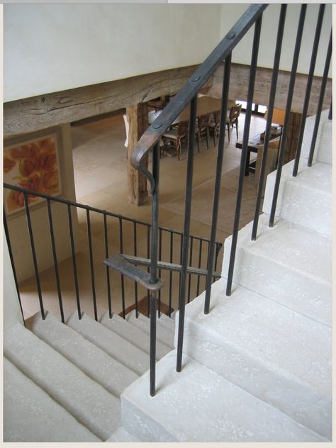 Metal Handrail, Iron Stair Railing, Iron Balusters, Metal Stairs, Stone Stairs, Basement Stairs, Staircase Railings, Lan Can, Iron Railing