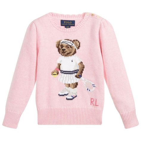 Girls pink sweater from Polo Ralph Lauren, knitted in soft mid-weight cotton with a cute bear design on the front. The smaller sizes have button fastenings on the shoulder. Bear Sweater, Pull Rose, Pull Bebe, Pink Teddy, Cotton Jumper, Ralph Lauren Kids, Polo Bear, Mein Style, Baby Sweaters