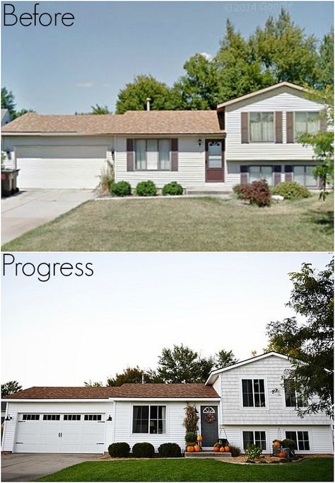 Updating a 1980's Tri-level- new siding, new garage door, painted front door, new Windows, & more. Split Level House Exterior, Split Level Remodel Exterior, Tri Level House, Split Level Exterior, Split Level Remodel, White Siding, Exterior House Remodel, Home Exterior Makeover, Split Level House