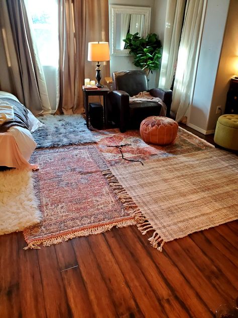 Multiple Rugs Bedroom, Stacked Rugs Bedroom, Stacked Rugs Living Room, Layering Rugs In Bedroom, Stacking Rugs, Layered Carpets, Multiple Rugs In One Room, Layered Area Rugs, Carpet Layering