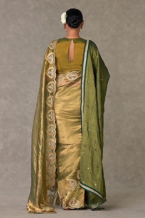 Green tissue saree with paan design border, contrast metallic gota and pitta embroidery. Comes with gota work unstitched blouse piece. Paired with contrast foil print, crinkled dupatta in scattered sitara work and contrast ornate border. - Aza Fashions Green Tissue Saree, Sitara Work, Ornate Border, Saree And Blouse, Tissue Saree, Green Saree, Indian Aesthetic, Fashion App, Foil Print