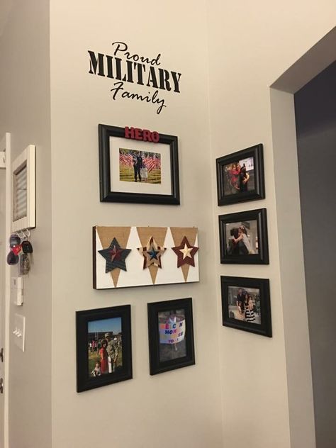 Man House Decor, Base Housing Decor Military, Military Housing Decorating, Welcome Home Military Signs, Diy Welcome Home Signs For Military, Military Wall Decor Ideas, Army Retirement, Wall Of Honor, Pretty Gift Wrapping Ideas