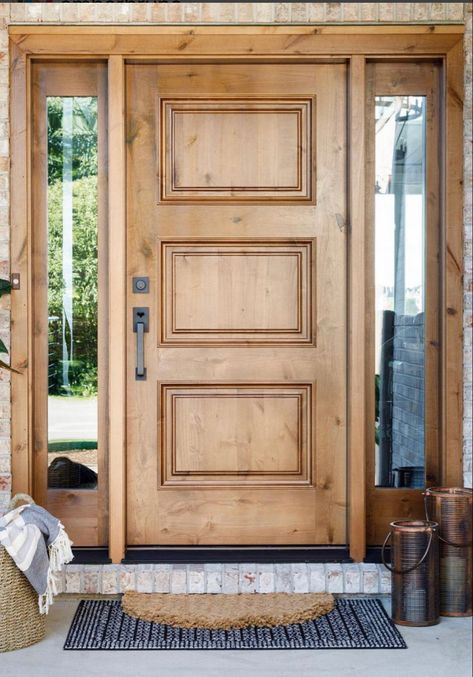 Front Entry Doors With Sidelights Solid Wood, Beautiful Single Front Entry Doors, Single Door With Sidelights, Wood Front Door No Windows, Solid Wooden Front Door, Wood Exterior Door With Side Lights, Wood Door With Sidelights, Cedar Front Door Entrance, Front Door With 2 Sidelights