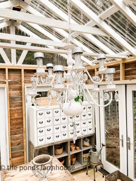 Cheap Vintage Chandelier transformed into a solar light for the greenhouse/she shed Window She Shed, Diy Drum Shade, Window Greenhouse, Solar Chandelier, Drum Shade Chandelier, Solar Lights Diy, Twig Lights, Jar Chandelier, Mason Jar Chandelier