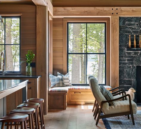 KATHERINE LAKE RETREAT - Albertsson Hansen Architecture and Interior Design Modern Cabin Family Room, Mountain House Windows, Mountain Lake Cabin, Montana Cottage, Modern Lake Cabin, Lake Cabin Interiors, Craftsman Cabin, Michigan Lake House, Lakefront Cabin