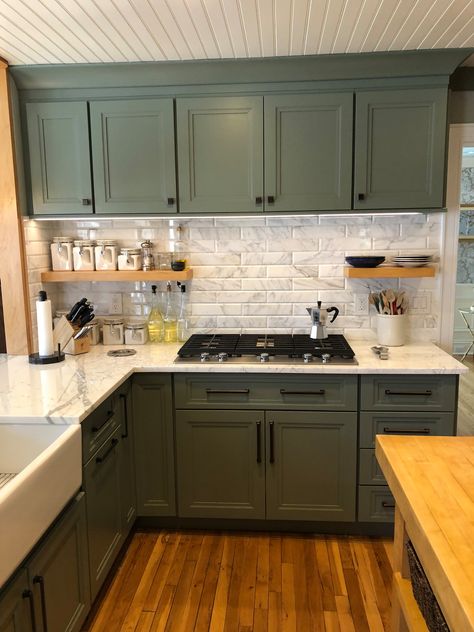 Stanford Farmhouse Kitchen - Farmhouse - Kitchen - Other - by MODERN TRADITION KITCHEN & BATH | Houzz White Subway Tile Green Cabinets, Kitchen Remodel Doublewide, Olive Green And White Kitchen Cabinets, Kitchen Design Small Farmhouse, White Countertops Green Cabinets, Sage Kitchen Cabinets Black Hardware, Green Cabinet Farmhouse Kitchen, Modern Farm Kitchen Ideas, Green Kitchen With Black Appliances