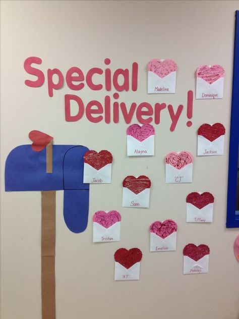 Special delivery of love letters.  #valentinesdaydecor Valentines Classroom Door, Valentine Bulletin Boards, Valentines Day Bulletin Board, Valentines Bricolage, Valentine Door Decorations, Diy Classroom Decorations, Preschool Bulletin, Preschool Bulletin Boards, Preschool Valentines