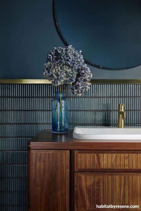 Clare Kitching Modernised 1930 s Bungalow Image 5 Powder Room Blue Powder Room, Moody Powder Room, Powder Room Tile, Timber Feature Wall, Resene Colours, 1930s Bungalow, Summer Lounge, Powder Room Design, Ceiling Detail